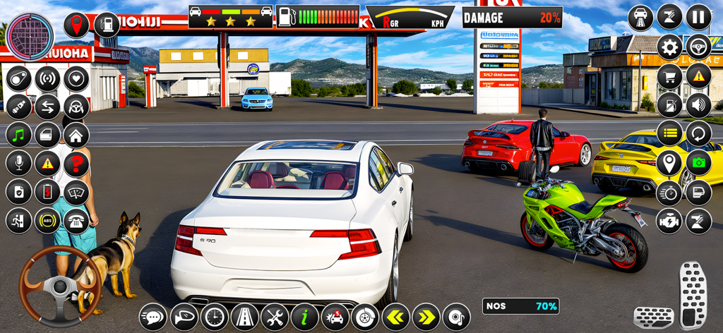 Driving School 3D : Car Games - Gameplay screenshot of Driving School 3D showing a white sedan at a gas station with sports cars and a motorcycle