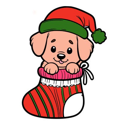 cute puppy wearing santa hat in socking