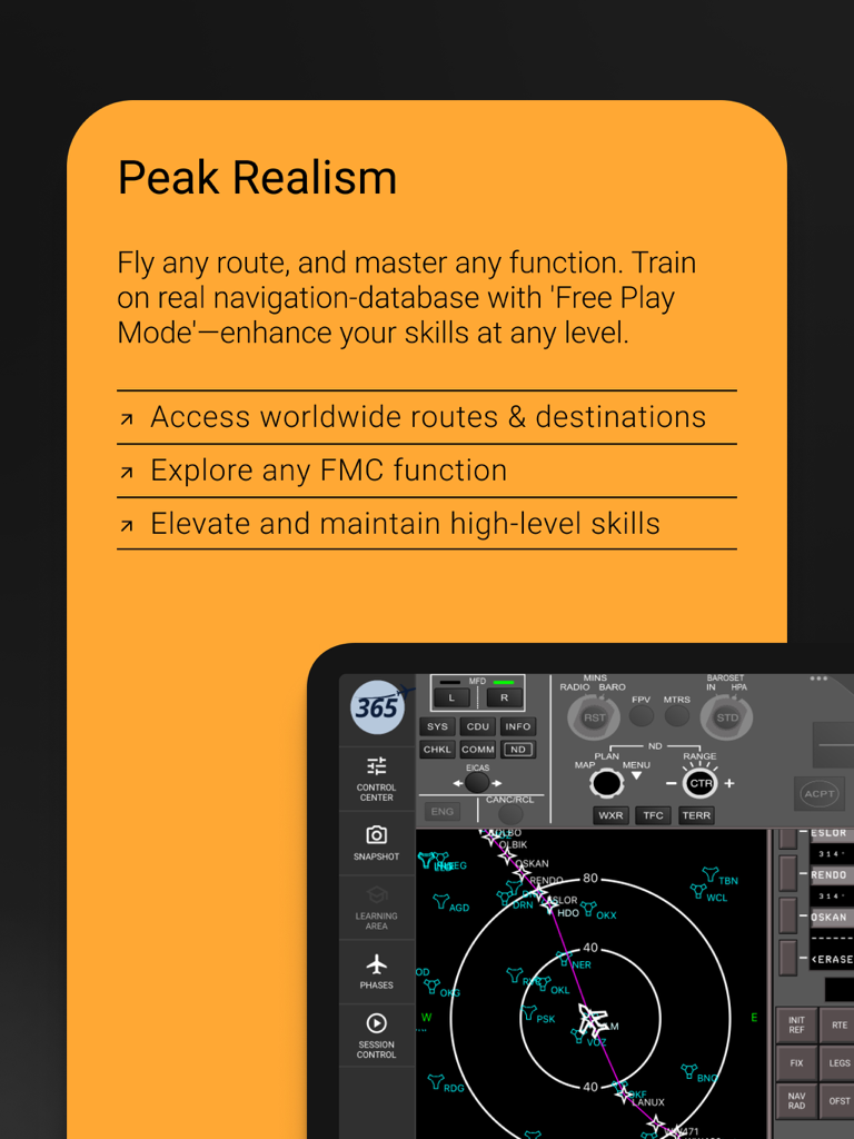B787 FMS Trainer PRO - B787 FMS Trainer PROアプリインターフェース。フライトナビゲーションディスプレイとトレーニング機能を表示。