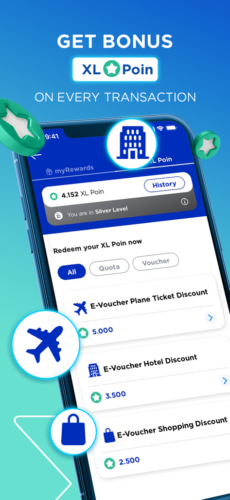 myXL–Cek Kuota & Beli Paket XL - myXL app interface showing XL Poin rewards and redeemable e-vouchers for travel and hotels