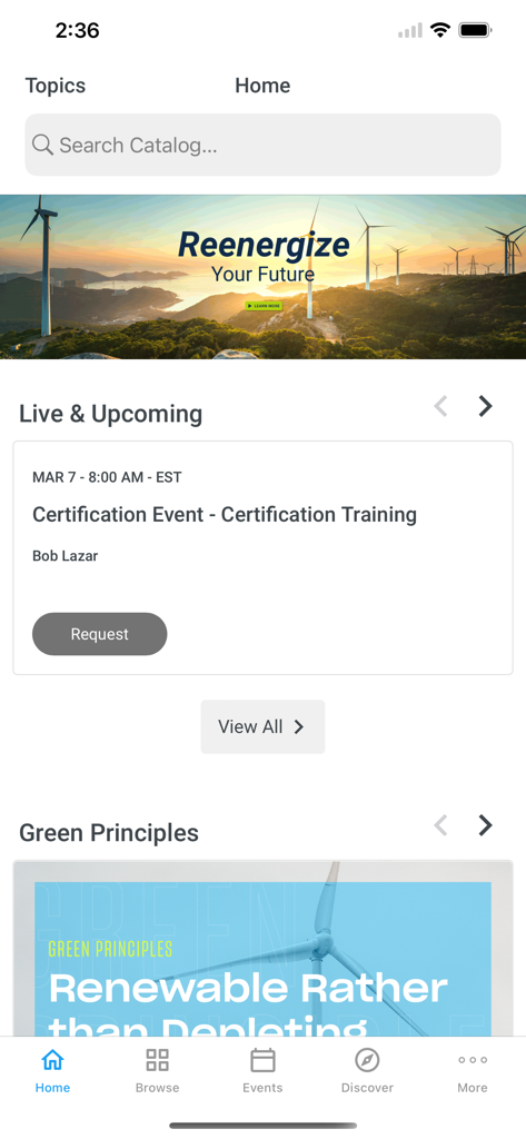Exceed LMS - The home screen of the Exceed LMS app displaying a search catalog, upcoming certification events, and featured learning topics.