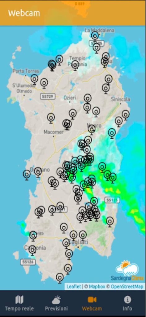 Mappa interattiva della Sardegna con posizioni delle webcam e sovrapposizione radar meteorologiche