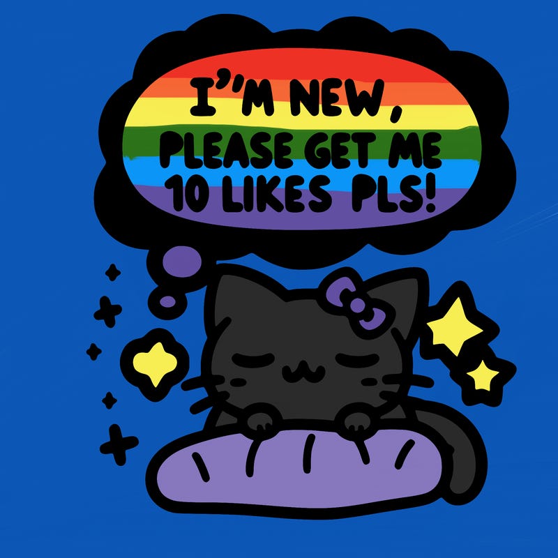 kitty taking a nap dream talking and saying "i'm new, please get me at least 10 likes pls!!"