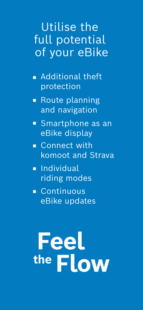 Zusammenfassende Liste der Funktionen der Bosch eBike Flow App, einschließlich Diebstahlschutz und Navigation