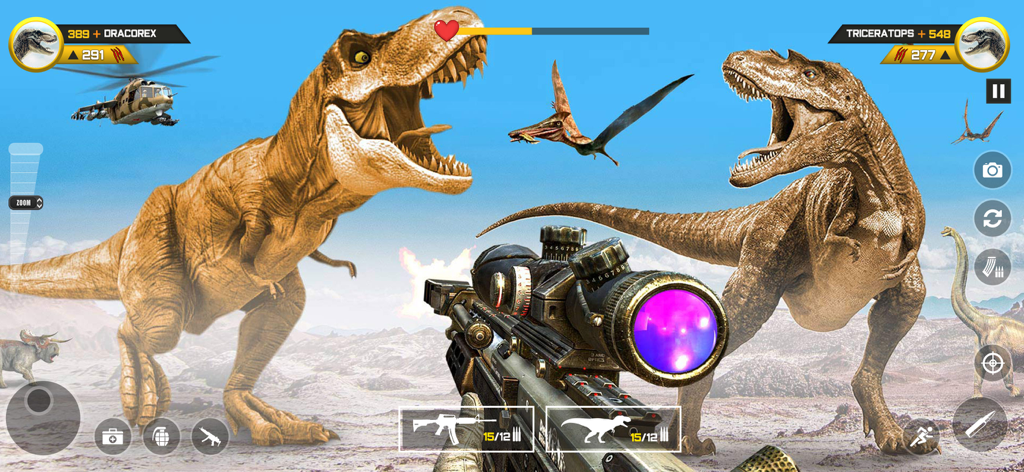 Dinosaur FPS Gun Hunting Games - First person sniper view of a dinosaur hunting game with a T-Rex