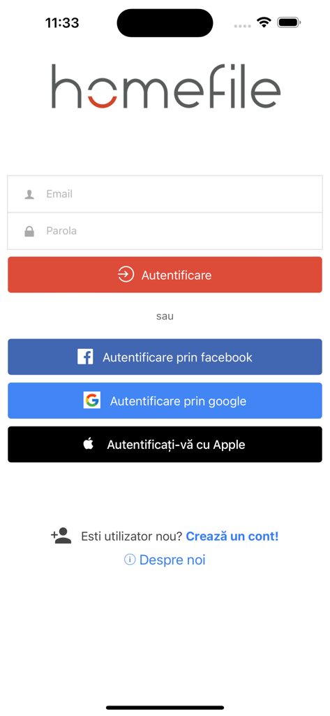 homefile - Login screen of the Homefile property management app showing email password fields and social login options for Facebook Google and Apple