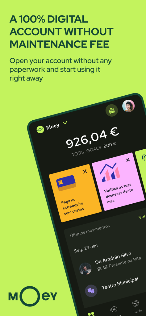 Moey mobile banking app interface showing account balance and financial goals on a lime green background