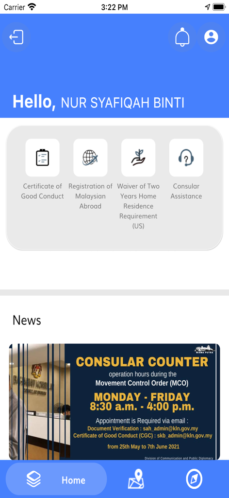 Dashboard of the Sistem eKonsular app featuring Malaysian consular services like Certificate of Good Conduct and Waiver applications.