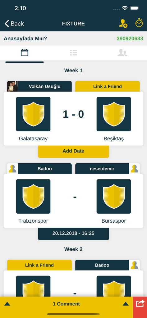 Fixture Maker - Interface of Fixture Maker app showing a weekly match schedule with soccer team scores and league fixtures