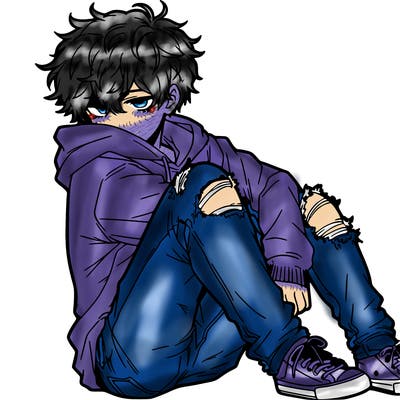 a male hoddie ripped jeans messy hair anime