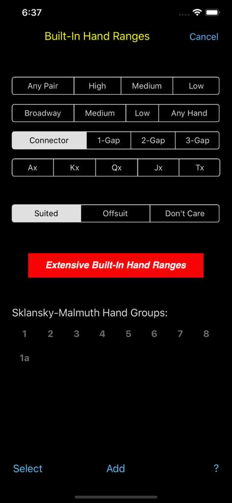Built-in hand ranges and Sklansky-Malmuth hand groups in PokerCruncher app
