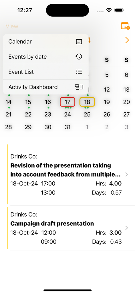 Time Logger - Time Logger app showing a calendar view with project event logs and view selection menu