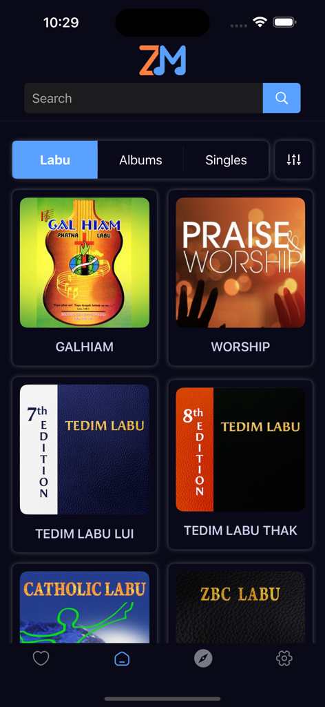 ZomiVerse - ZomiVerse app interface showing a collection of Zomi Labu hymnbooks and worship music albums
