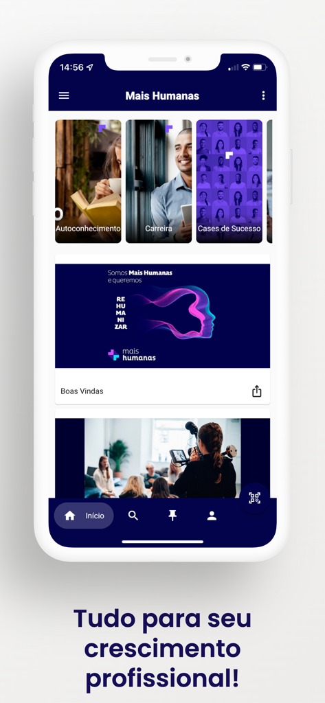 Écran principal de l'application Mais Humanas montrant des catégories de croissance professionnelle comme la carrière et la connaissance de soi sur un appareil mobile.