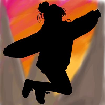realistic girl jumping with a bun and oversized sweatshirt