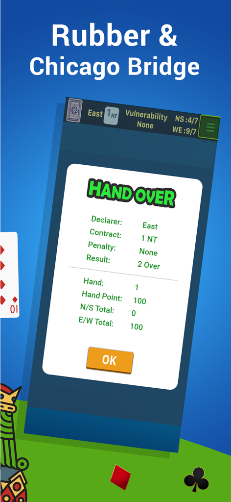 Bridge Card Game Classic - ブリッジカードゲームクラシックアプリのサマリー画面。完了したハンドの結果と得点が表示されています。