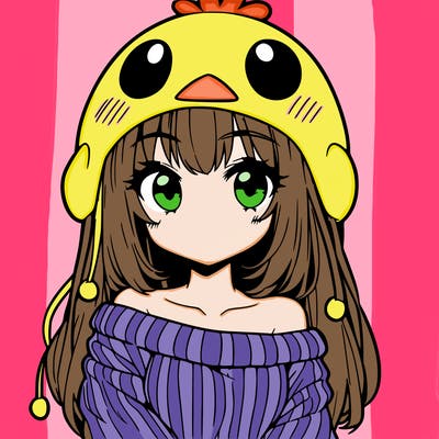 anime girl with chick shaped hat with sweater with bare shoulders with bangs covering them one eye with low tail