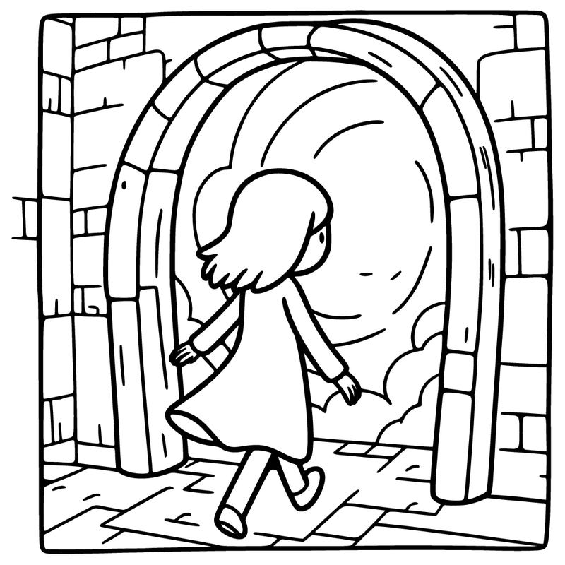 a girl walking through a portal