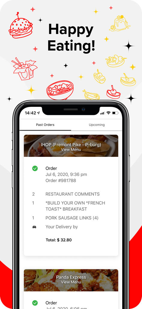 Screenshot of the Gofadis food delivery app showing a user's past orders history on an iPhone.