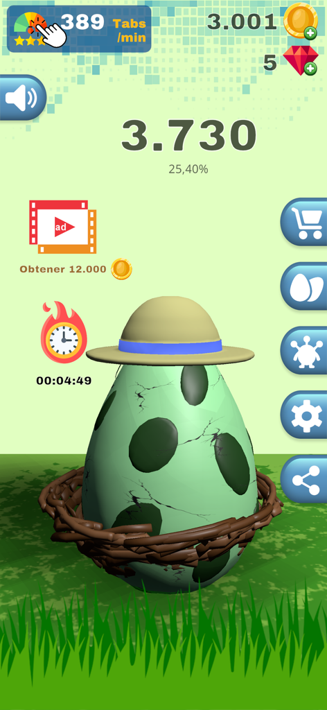 Crack Egg: Tap & Hatch Fun - A green spotted egg wearing a sun hat sitting in a nest during a gameplay session of the Crack Egg idle clicker game.