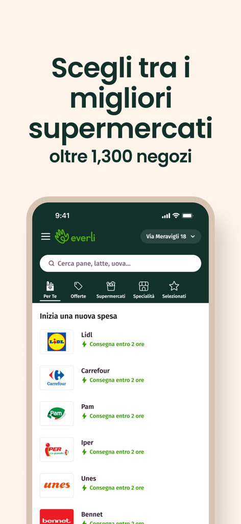 Everli - Spesa online - Everli app interface showing a list of supermarkets for grocery delivery including Lidl and Carrefour.