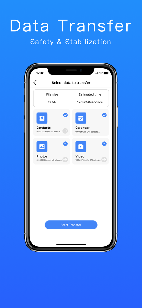 Interface do aplicativo Phone Clone mostrando opções para selecionar contatos, calendário, fotos e vídeos para transferência de dados