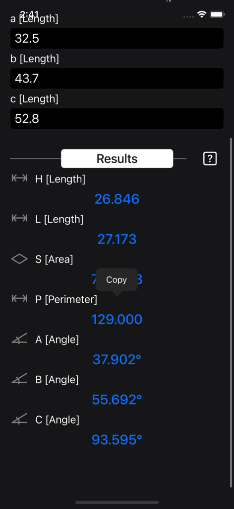 Triangle Calculator Plus - Triangle Calculator Plus app screen showing geometric calculation results including angles and perimeter