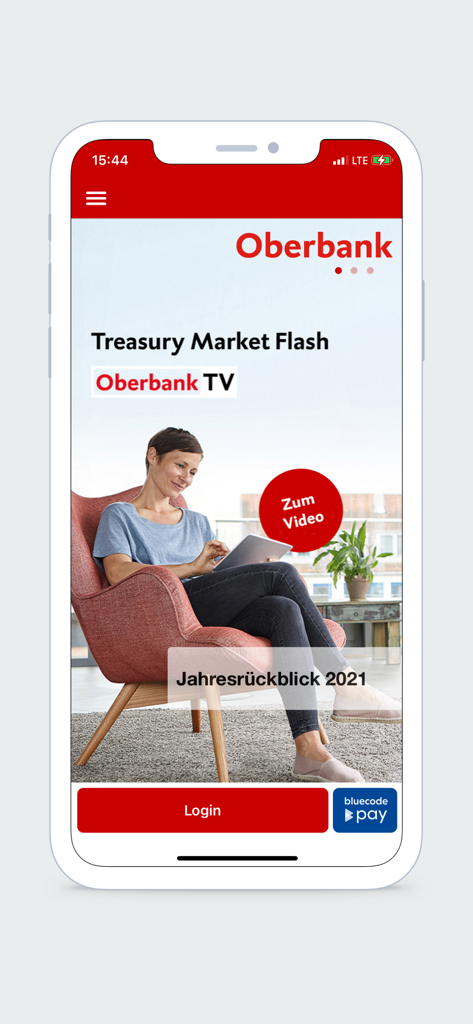 Oberbank - Oberbank mobile app home screen featuring news updates and login button
