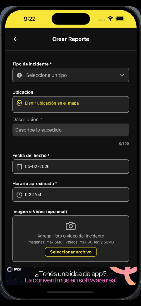 Alerta comunidad - Interfaz móvil de la aplicación Alerta comunidad mostrando el formulario para crear un reporte de seguridad vecinal.