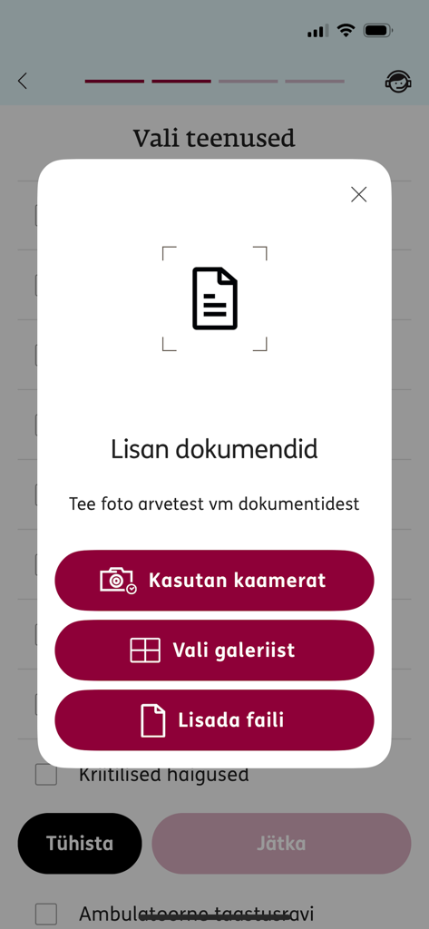 The document upload popup in the ERGO Estonia app showing options for camera and gallery