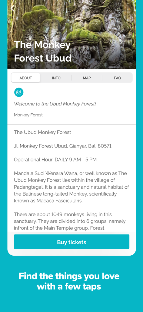 Bali App - Screenshot of the Bali App showing details and a buy tickets button for the Monkey Forest in Ubud.