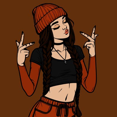 realistic teenage girl with braids and a beanie and crop top doing 🫶🏼