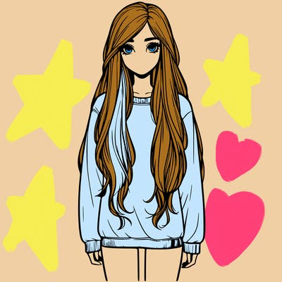 tall realistic girl with long hair and a sweatshirt