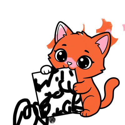 a small cat with a blank sheet of paper in its hand. the cat is sooooooo cute!