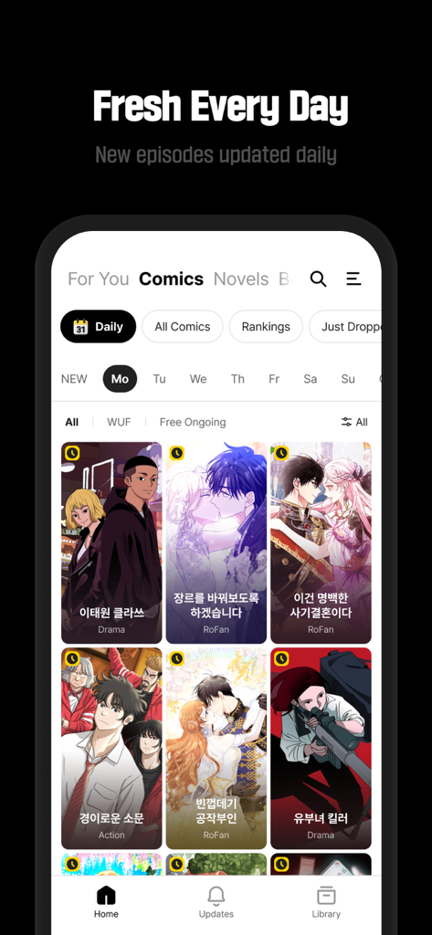 KakaoPage - Interface do aplicativo KakaoPage mostrando uma lista de webtoons e gêneros diários como Drama e Ação.