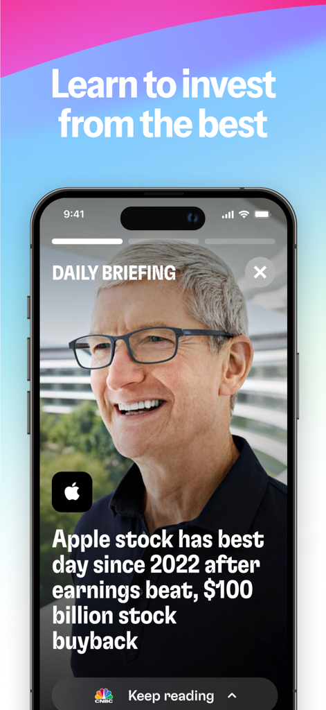 Alinea app daily briefing screen featuring news about Apple stock and a photo of Tim Cook.