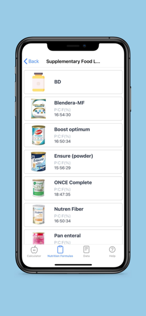 Nutri-Calculator app screen showing a list of supplementary food formulas and their macronutrient ratios