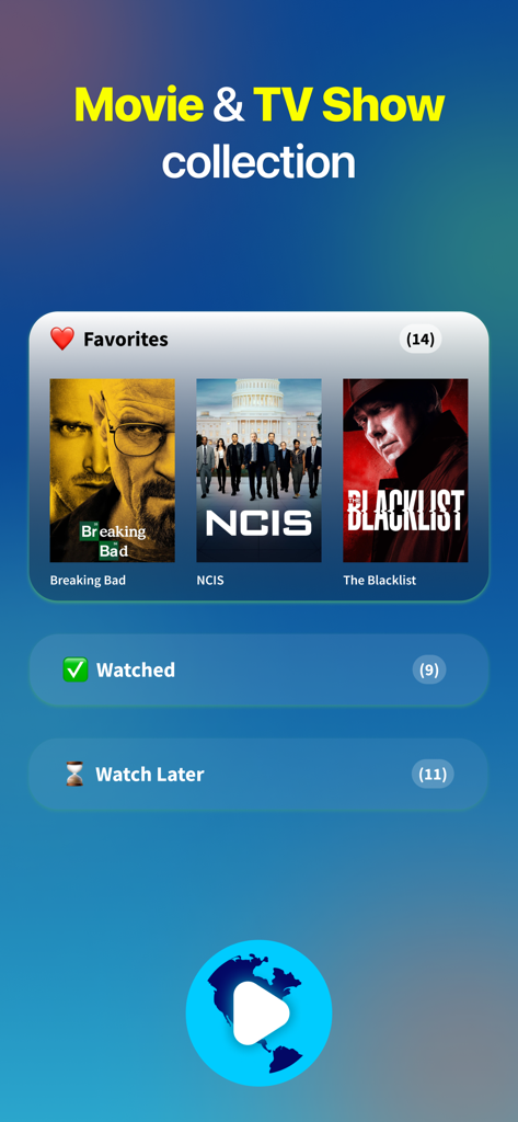 Xciptv - Interface de l'application XCIPTV affichant les listes de suivi des films préférés et des séries TV
