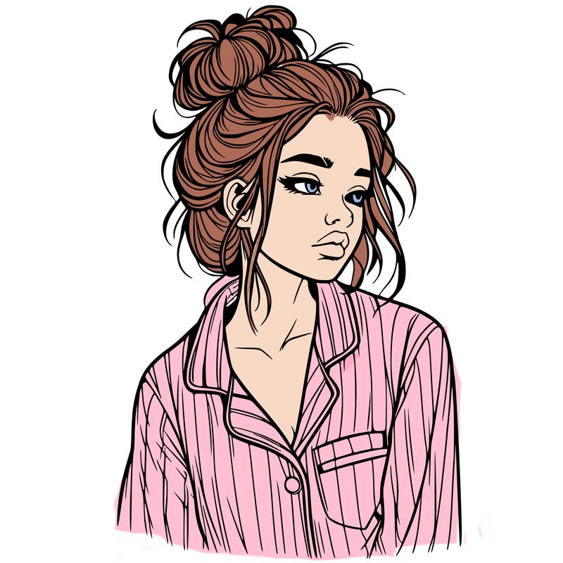 realistic woman with pajamas on and a messy bun
