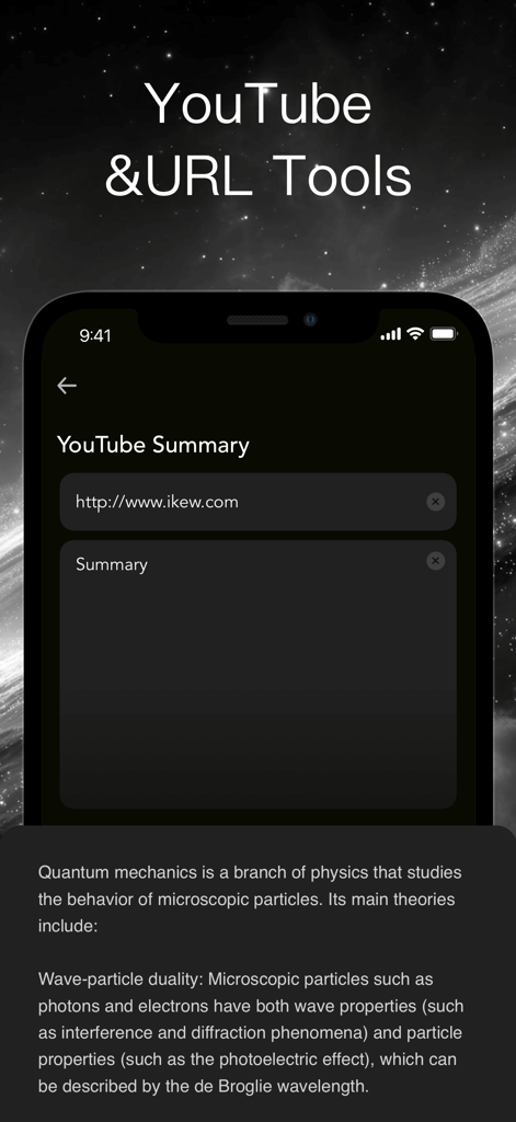 G.AI 4.1 - Ask AI Chatbot - A smartphone displaying the YouTube summary tool of G.AI chatbot app with a summary of quantum mechanics