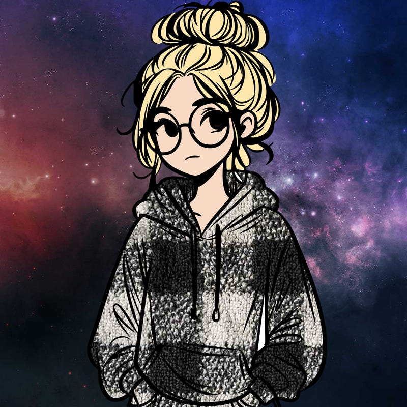 teen girl with a messy bun and glasses wearing a loose hoodie and jeans