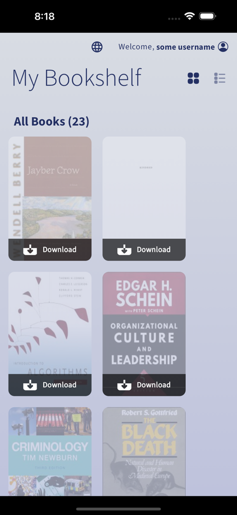 Ebook Central - Vista de la sección Mi estantería en la aplicación Ebook Central mostrando portadas de libros académicos y opciones de descarga