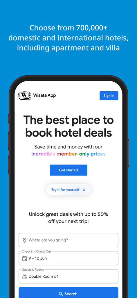 Wisata App - Pantalla principal de Wisata App que muestra opciones de reserva de hoteles y apartamentos con ofertas exclusivas para miembros y funcionalidad de búsqueda.