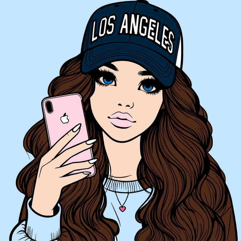 realistic beautiful girl wearing los ángeles cap holding an iphone