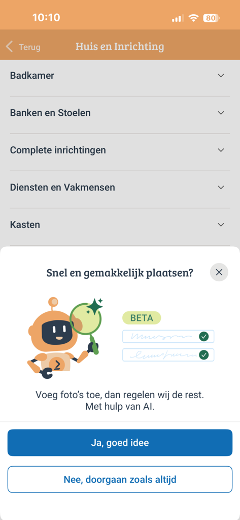 Marktplaats app interface showing a popup for an AI assisted listing feature with a robot mascot