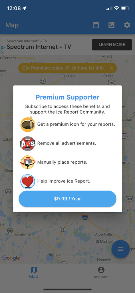Abonnement-Bildschirm für Premium-Supporter der Ice Report App, der Vorteile und den Jahrestarif anzeigt