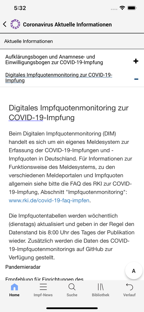 STIKO-App - STIKO app interface displaying digital vaccination monitoring and information for COVID-19.