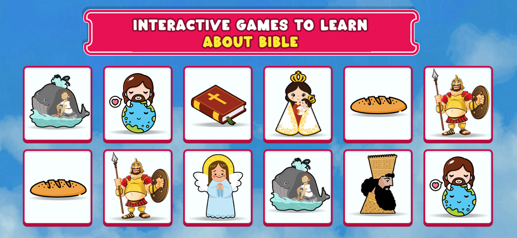 Bible Puzzles and Games - Interactive memory card game screen from Bible Puzzles and Games app featuring cartoon Bible characters and symbols for kids.