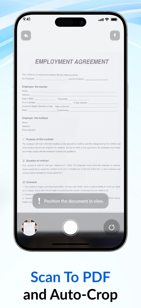 Interfaz de smartphone de la aplicación eSign que muestra un acuerdo de empleo siendo escaneado con tecnología de recorte automático.
