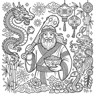 Dive into a truly unique celebration with our 'The Dagda x Lunar New Year' coloring page, blending ancient Irish mythology with vibrant Asian traditions. Explore a world where the 'Good God' meets auspicious dragons, festive lanterns, and the beloved zodiac animals, all waiting for your creative touch.